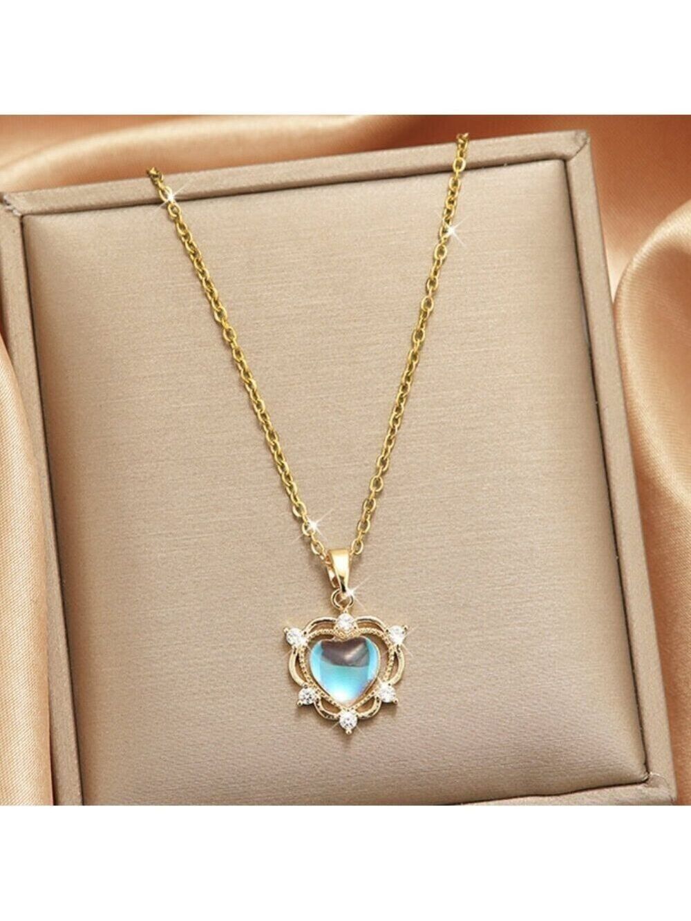 18K Gold Plated Stainless Steel Spike Caged Cat Eye Heart Necklace